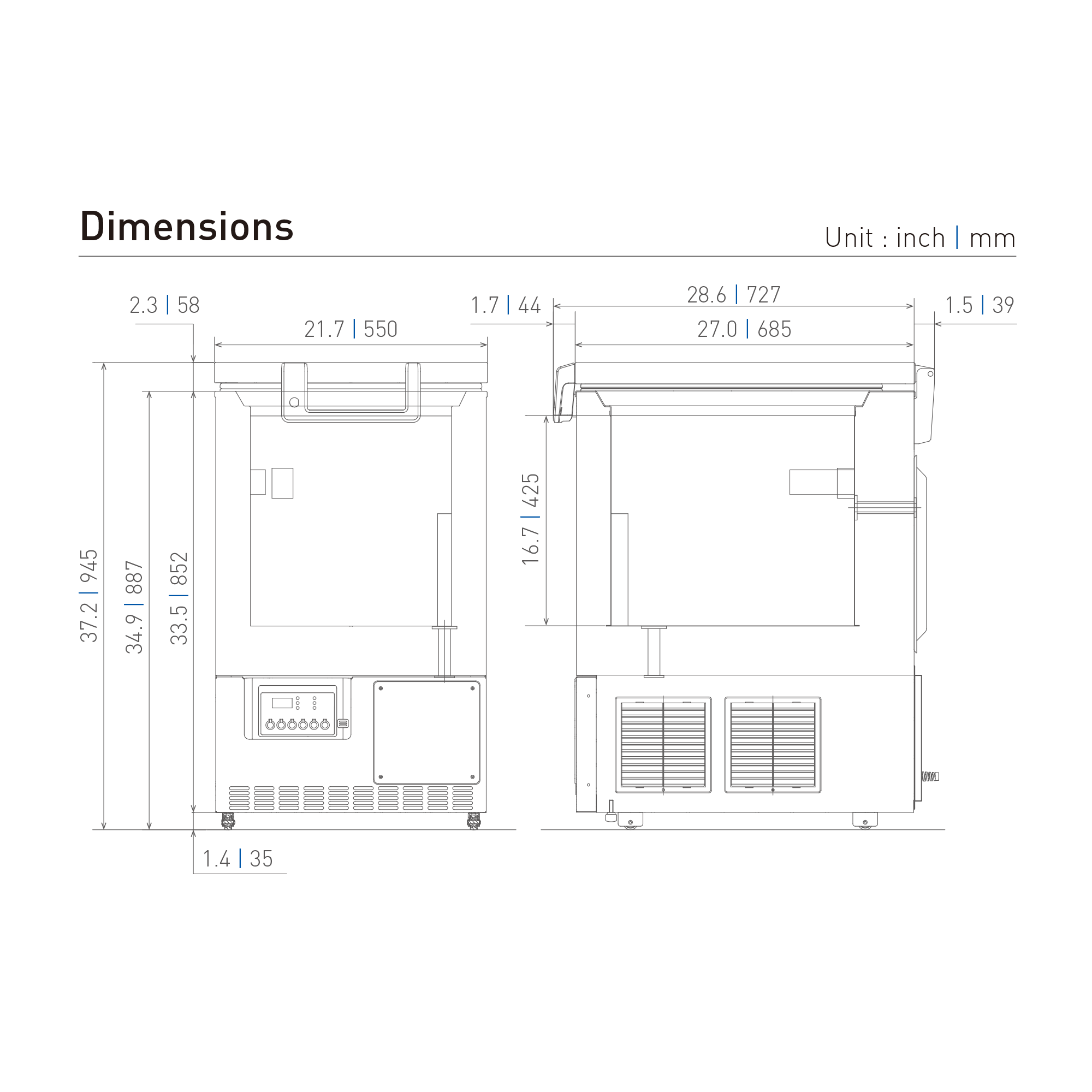 Small Laboratory Freezer MDF-C8V1-PA Dimensional Drawing
